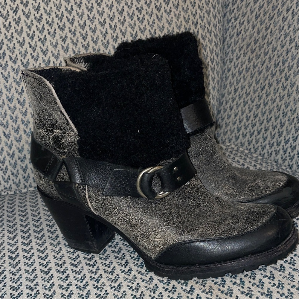 Woolrich‎ Black and Gray Shearling-Cuff Heeled Ankle Boots